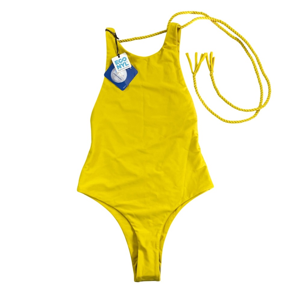 Sirena + the Sea Rise Up High Neck Woven Tie Swimsuit Womens XS Yellow NWT $198